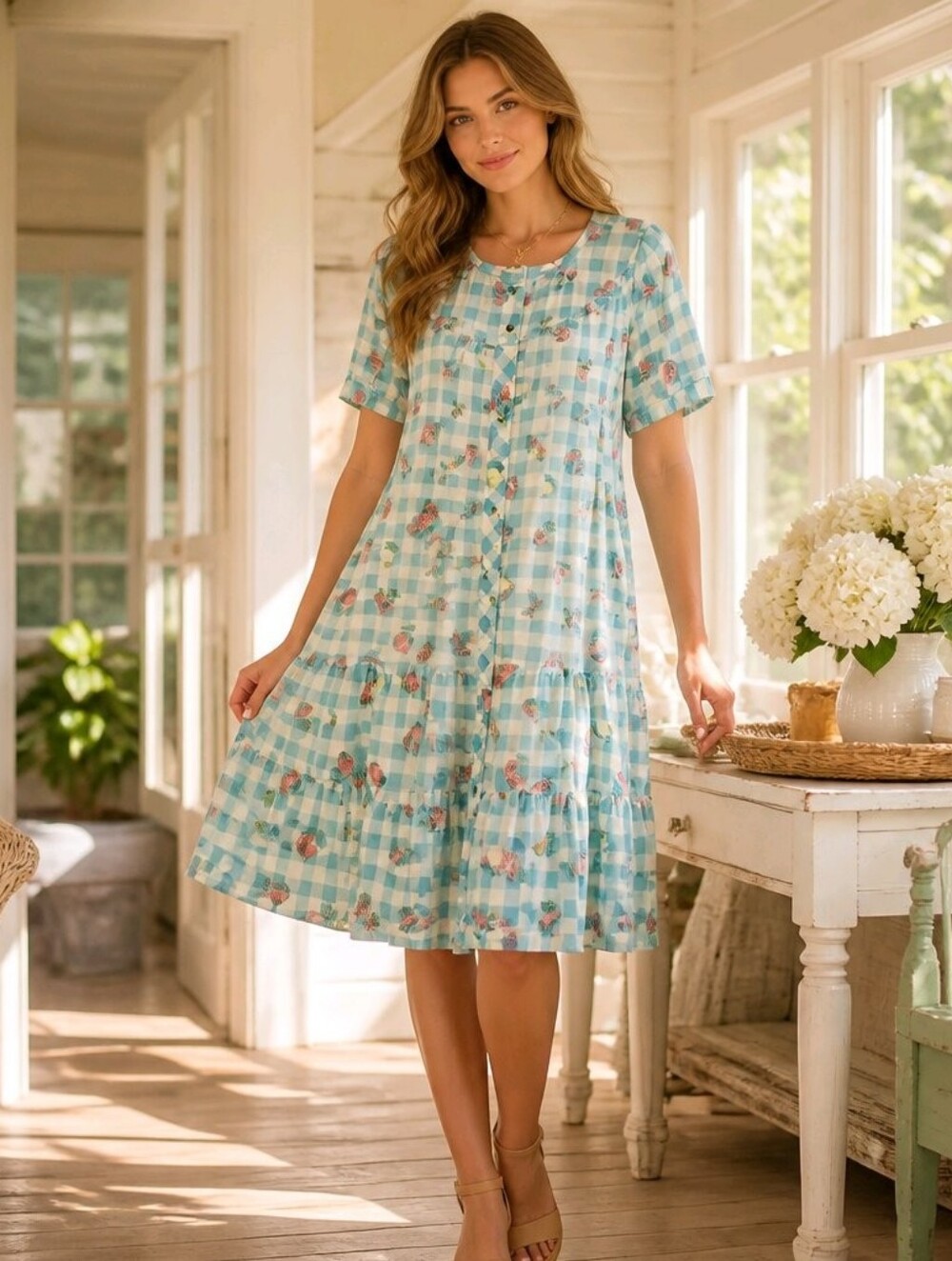 Light Blue Gingham Floral Button-Front Midi Dress